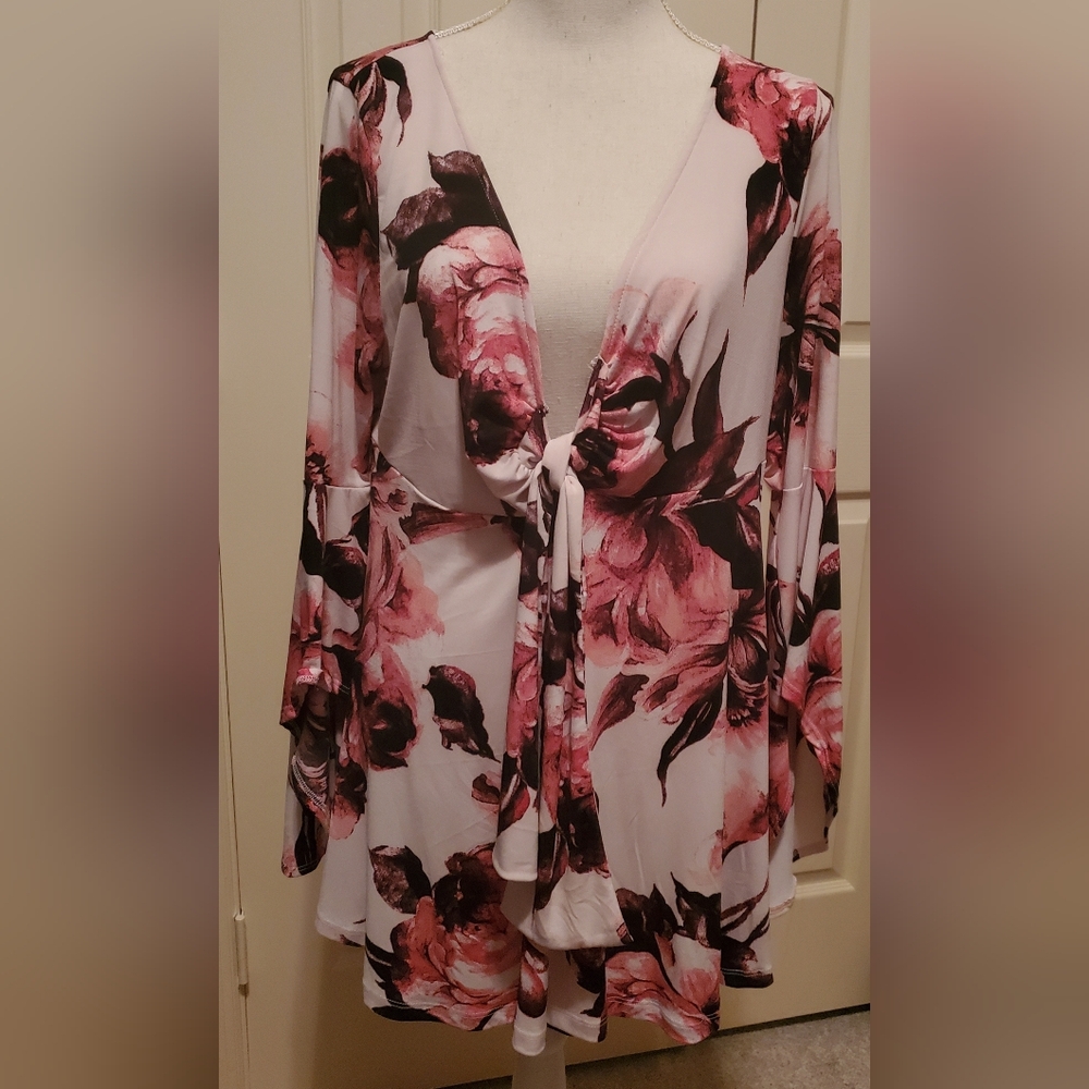 Venus Babydoll Pink Floral Fairy V-Neck Bell Flared Cuffs Boho Top Y2K Sz XLarge